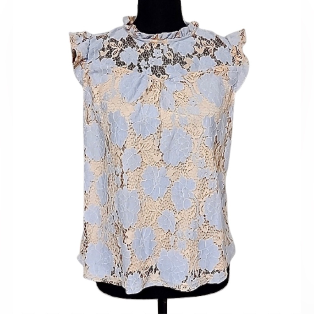❎💲SOLD 💲❎ NWT Nude & Periwinkle lined Floral Lace Sleeveless Blouse sz L - Picture 2 of 16